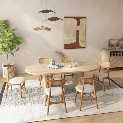 HMR Japandi Modern Wood Dining Chair with Faux Leather Upholstery - Natural, Set of 8