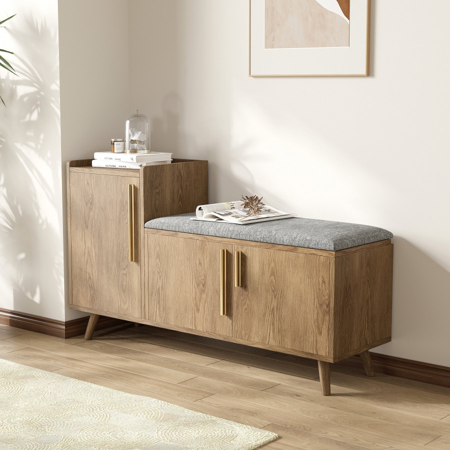 HMR 47" Shoe Storage Bench with 3 Doors & 5 Shelves - Walnut, Left Hand