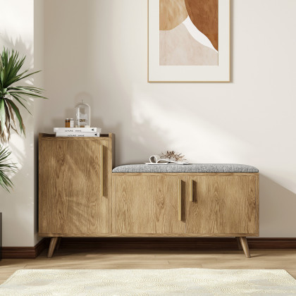 HMR 47" Shoe Storage Bench with 3 Doors & 5 Shelves - Walnut, Left Hand