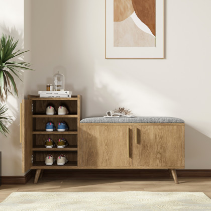HMR 47" Shoe Storage Bench with 3 Doors & 5 Shelves - Walnut, Left Hand