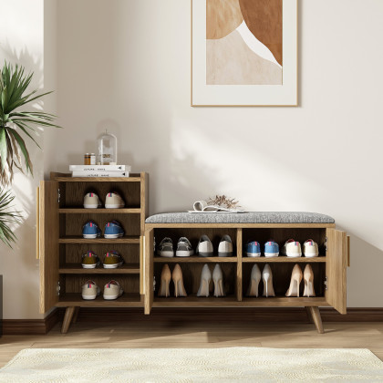HMR 47" Shoe Storage Bench with 3 Doors & 5 Shelves - Walnut, Left Hand