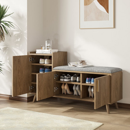 HMR 47" Shoe Storage Bench with 3 Doors & 5 Shelves - Walnut, Left Hand