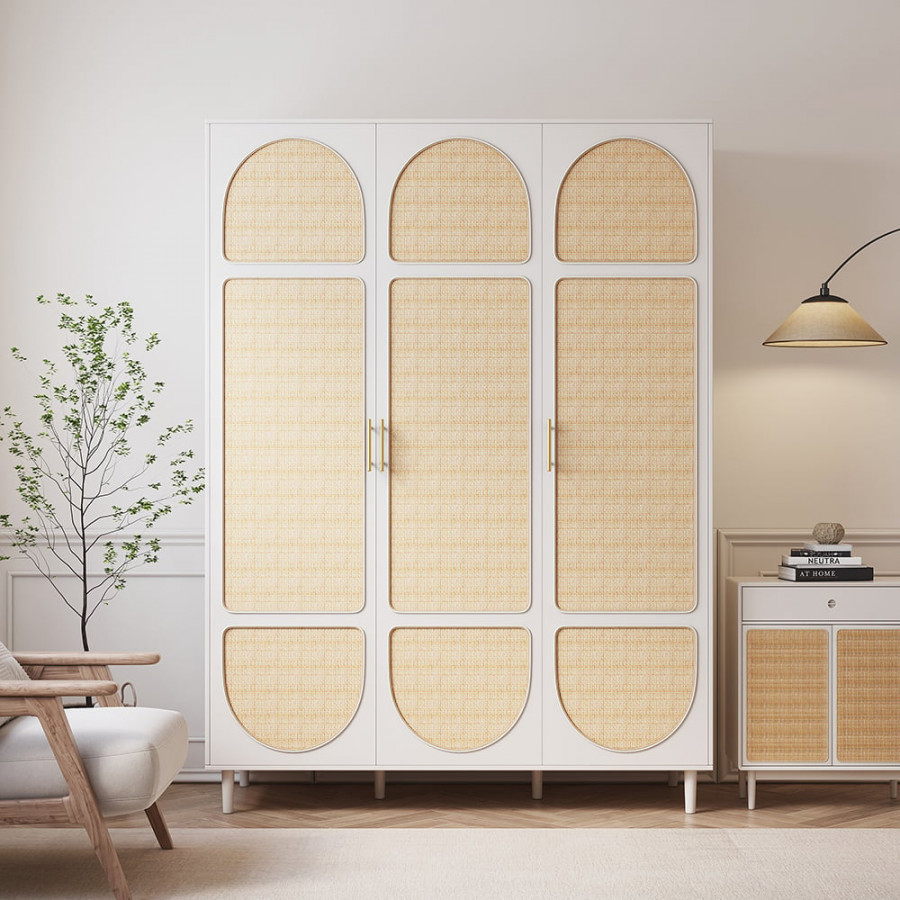 HMR - Rattan White 3 Door Bedroom Clothing Armoire Wardrobe with Shelves