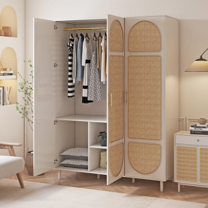 HMR - Rattan White 3 Door Bedroom Clothing Armoire Wardrobe with Shelves
