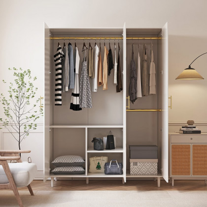 HMR - Rattan White 3 Door Bedroom Clothing Armoire Wardrobe with Shelves