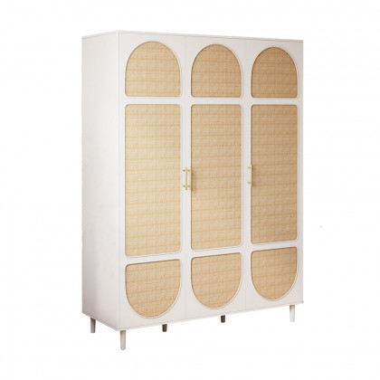 HMR - Rattan White 3 Door Bedroom Clothing Armoire Wardrobe with Shelves