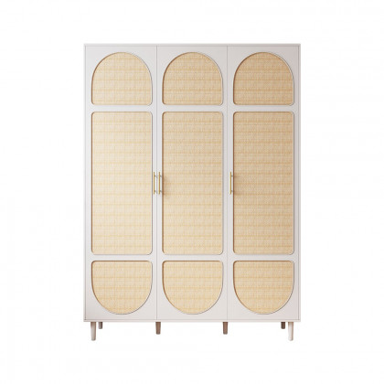HMR - Rattan White 3 Door Bedroom Clothing Armoire Wardrobe with Shelves