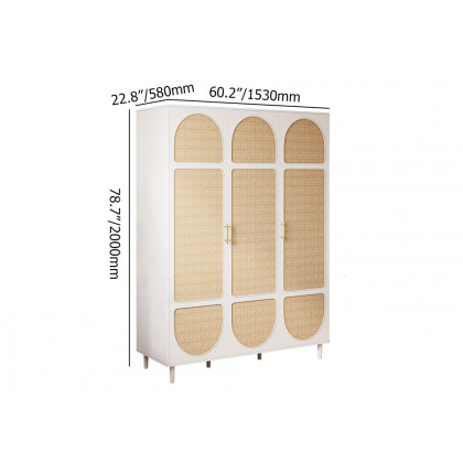 HMR - Rattan White 3 Door Bedroom Clothing Armoire Wardrobe with Shelves