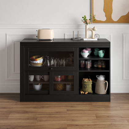HMR Farmhouse Extendable Wood Sideboards and Cabinets with Ample Storage - Black