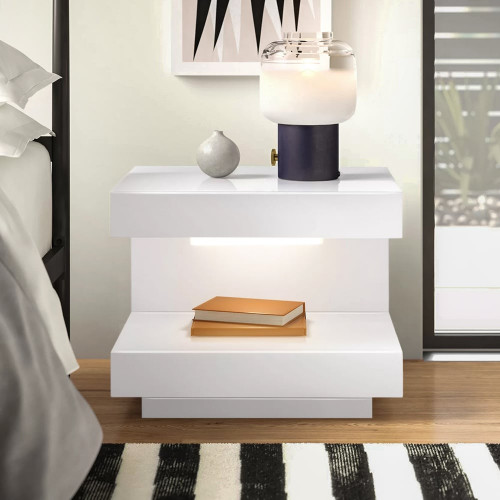 HMR Wood Nightstand with 1 Drawer C-shaped Side Table with Light - Glossy White, Single