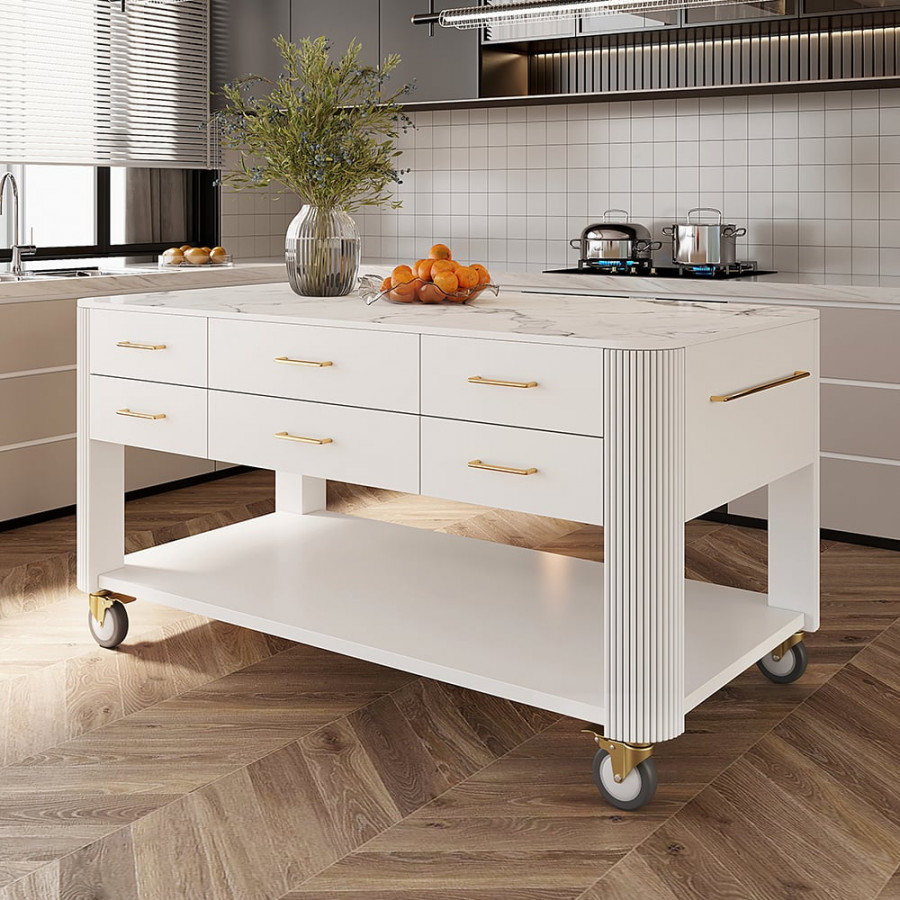 HMR - 60" White Kitchen Island with Wheels Modern Kitchen Cabinet Drawers&Doors&Shelf