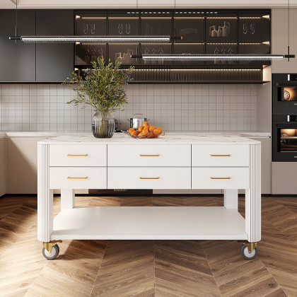 HMR - 60" White Kitchen Island with Wheels Modern Kitchen Cabinet Drawers&Doors&Shelf
