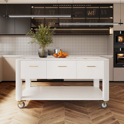 HMR - 60" White Kitchen Island with Wheels Modern Kitchen Cabinet Drawers&Doors&Shelf