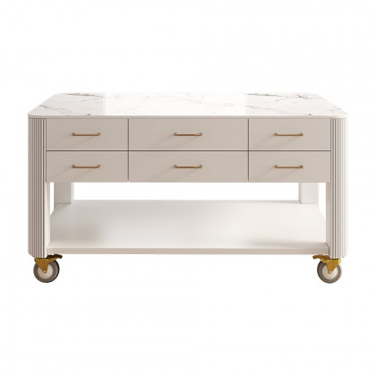 HMR - 60" White Kitchen Island with Wheels Modern Kitchen Cabinet Drawers&Doors&Shelf