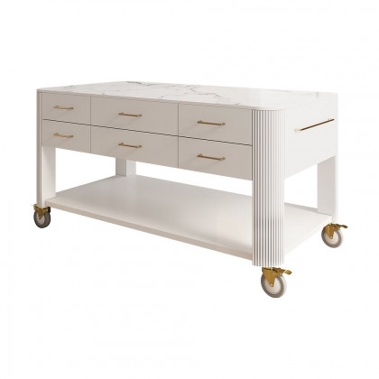 HMR - 60" White Kitchen Island with Wheels Modern Kitchen Cabinet Drawers&Doors&Shelf