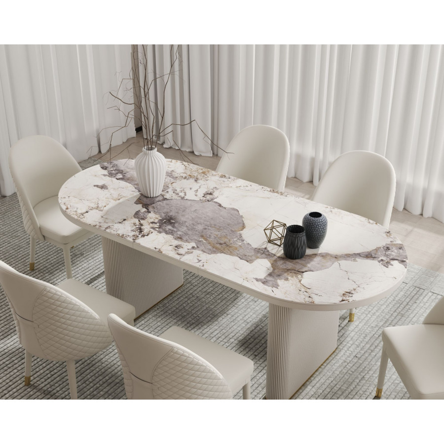 HMR 79''-95'' Oval Extendable Sintered Stone Top Dining Table Seats 8-11 - White