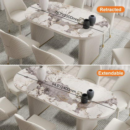 HMR 79''-95'' Oval Extendable Sintered Stone Top Dining Table Seats 8-11 - White