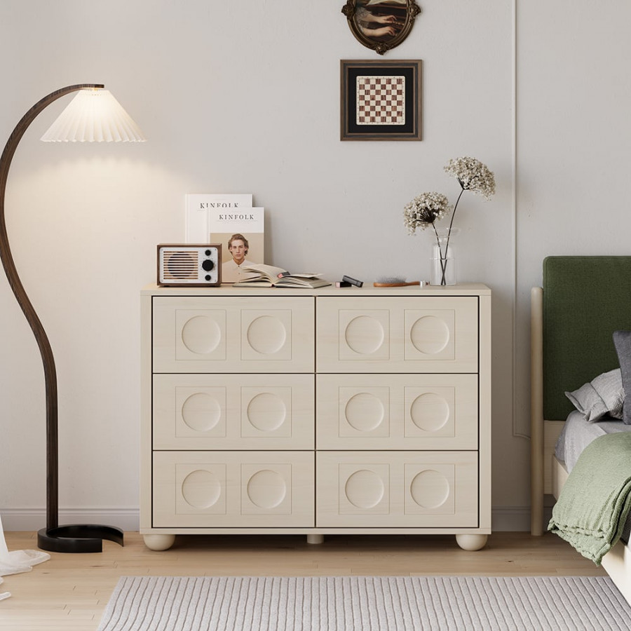 HMR - 47"W Japandi Wash White Dresser 6 Drawer Chest Cabinet with Storage