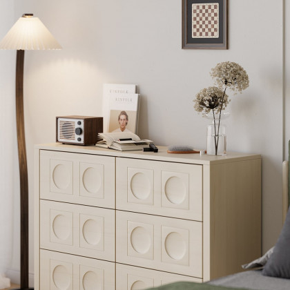 HMR - 47"W Japandi Wash White Dresser 6 Drawer Chest Cabinet with Storage