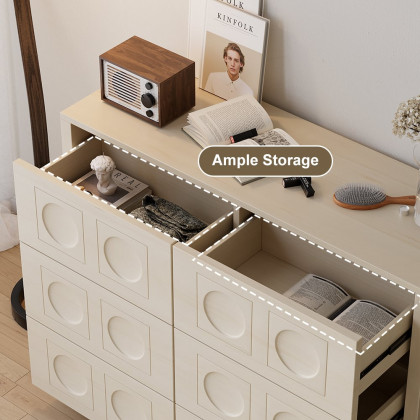 HMR - 47"W Japandi Wash White Dresser 6 Drawer Chest Cabinet with Storage