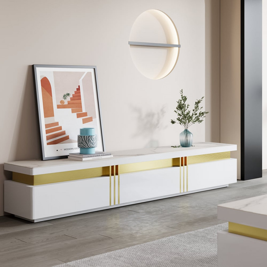 HMR - Trimied White TV Stand Sintered Stone Media Console 3 Drawers Storage for TVs Up to 85"