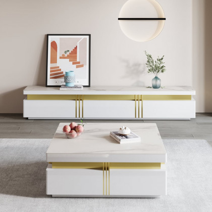 HMR - Trimied White TV Stand Sintered Stone Media Console 3 Drawers Storage for TVs Up to 85"