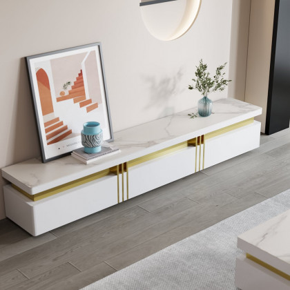 HMR - Trimied White TV Stand Sintered Stone Media Console 3 Drawers Storage for TVs Up to 85"