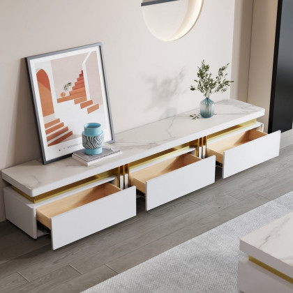 HMR - Trimied White TV Stand Sintered Stone Media Console 3 Drawers Storage for TVs Up to 85"