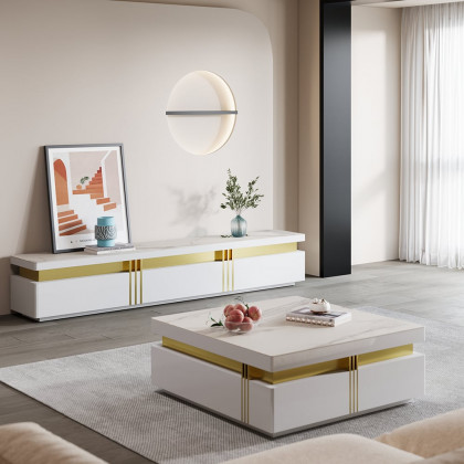HMR - Trimied White TV Stand Sintered Stone Media Console 3 Drawers Storage for TVs Up to 85"