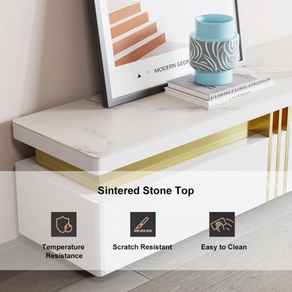 HMR - Trimied White TV Stand Sintered Stone Media Console 3 Drawers Storage for TVs Up to 85"