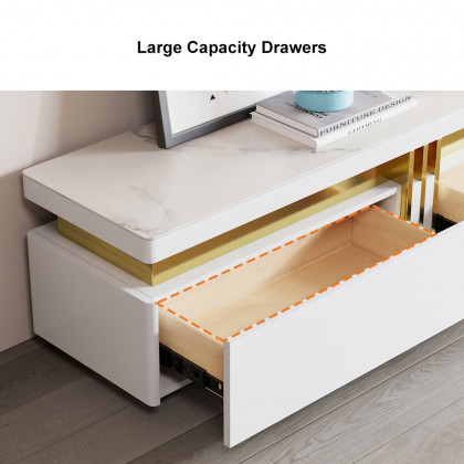 HMR - Trimied White TV Stand Sintered Stone Media Console 3 Drawers Storage for TVs Up to 85"