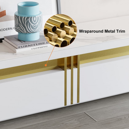 HMR - Trimied White TV Stand Sintered Stone Media Console 3 Drawers Storage for TVs Up to 85"