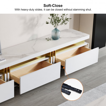 HMR - Trimied White TV Stand Sintered Stone Media Console 3 Drawers Storage for TVs Up to 85"