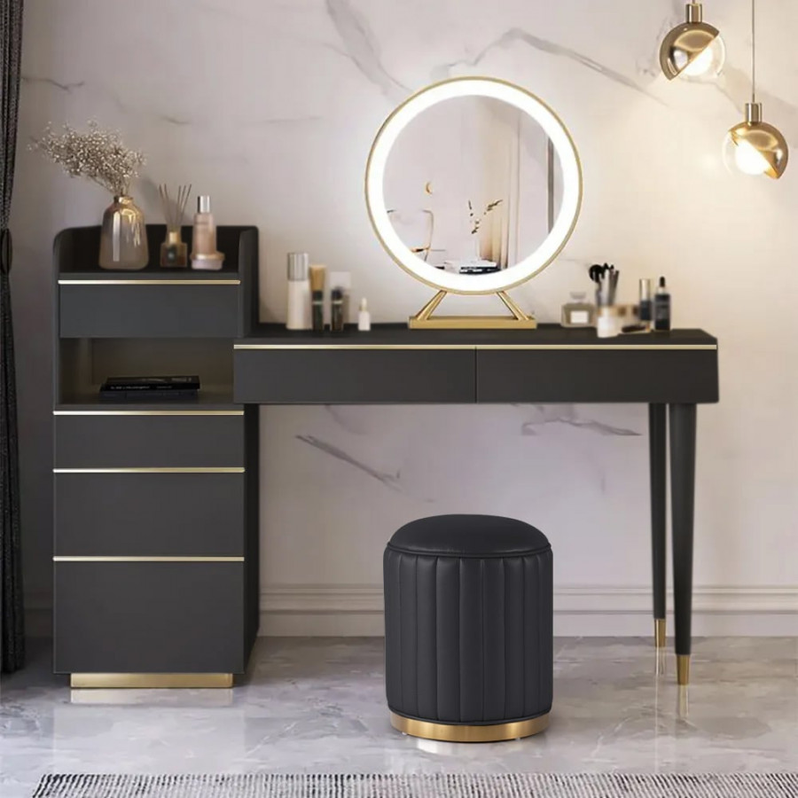 HMR Modern Makeup Vanity Set Dressing Table with Lighted Mirror Cabinet & Stool Included - Black