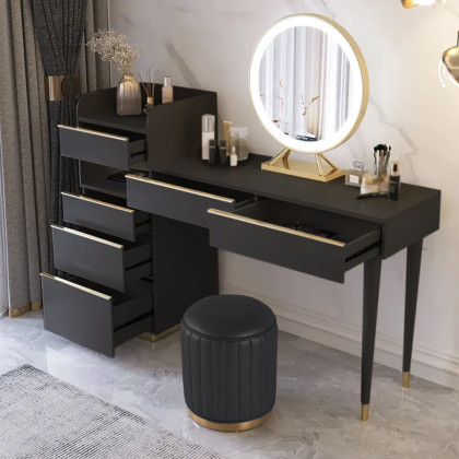 HMR Modern Makeup Vanity Set Dressing Table with Lighted Mirror Cabinet & Stool Included - Black