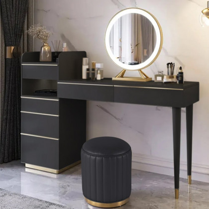 HMR Modern Makeup Vanity Set Dressing Table with Lighted Mirror Cabinet & Stool Included - Black