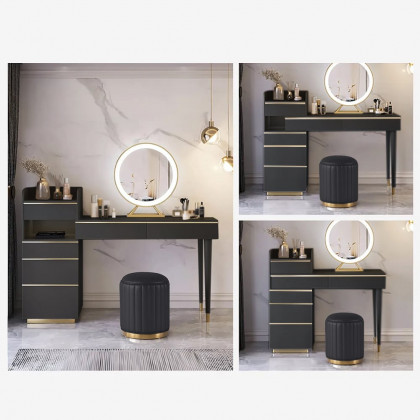 HMR Modern Makeup Vanity Set Dressing Table with Lighted Mirror Cabinet & Stool Included - Black