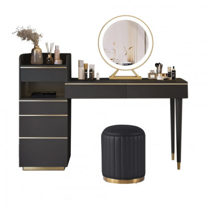 HMR Modern Makeup Vanity Set Dressing Table with Lighted Mirror Cabinet & Stool Included - Black