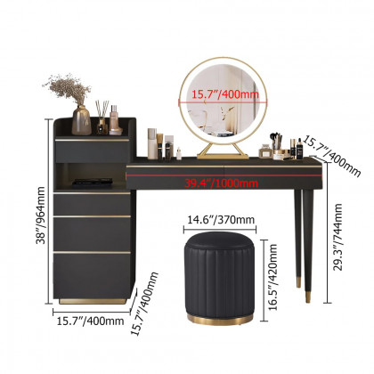 HMR Modern Makeup Vanity Set Dressing Table with Lighted Mirror Cabinet & Stool Included - Black