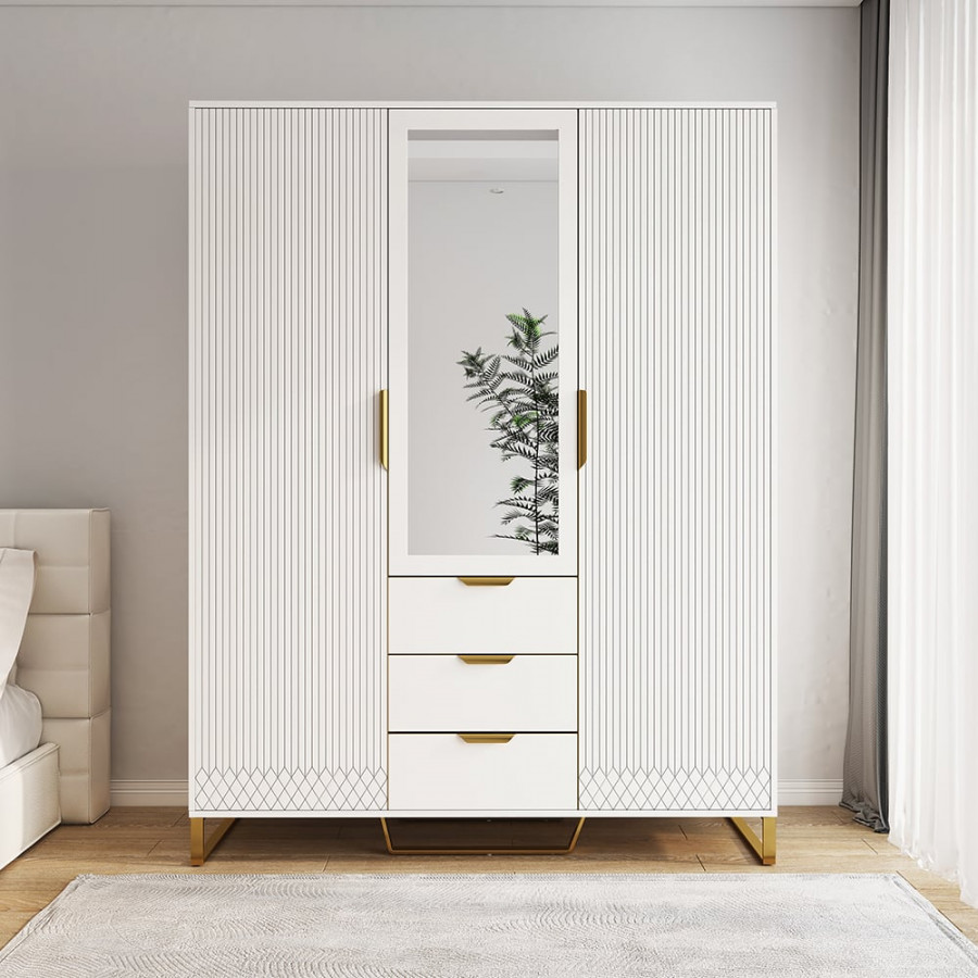 HMR - Aro Modern 3 Door Mirrored Armoire Dresser with Shelves & Drawers Tall Wardrobe Closet
