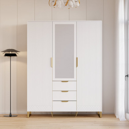HMR - Aro Modern 3 Door Mirrored Armoire Dresser with Shelves & Drawers Tall Wardrobe Closet