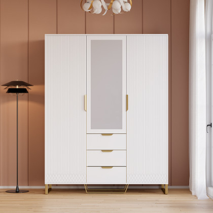 HMR - Aro Modern 3 Door Mirrored Armoire Dresser with Shelves & Drawers Tall Wardrobe Closet