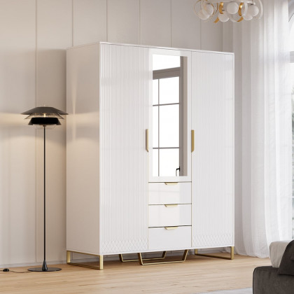 HMR - Aro Modern 3 Door Mirrored Armoire Dresser with Shelves & Drawers Tall Wardrobe Closet