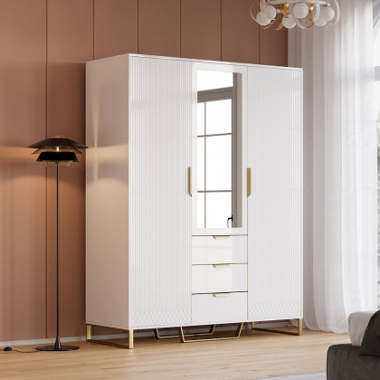 HMR - Aro Modern 3 Door Mirrored Armoire Dresser with Shelves & Drawers Tall Wardrobe Closet