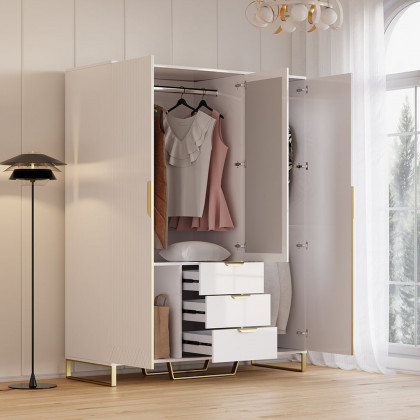 HMR - Aro Modern 3 Door Mirrored Armoire Dresser with Shelves & Drawers Tall Wardrobe Closet