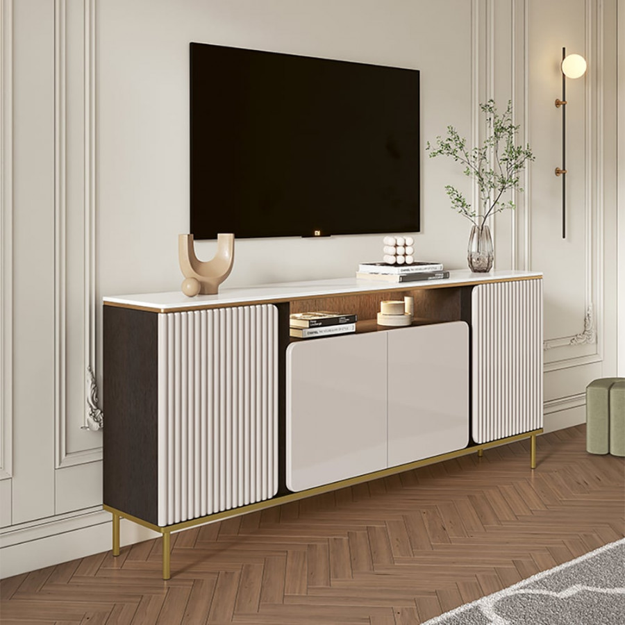 HMR - 63" Sintered Stone Top Tall Beige TV Stand with 4 Doors & 5 Shelves