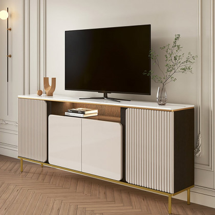 HMR - 63" Sintered Stone Top Tall Beige TV Stand with 4 Doors & 5 Shelves