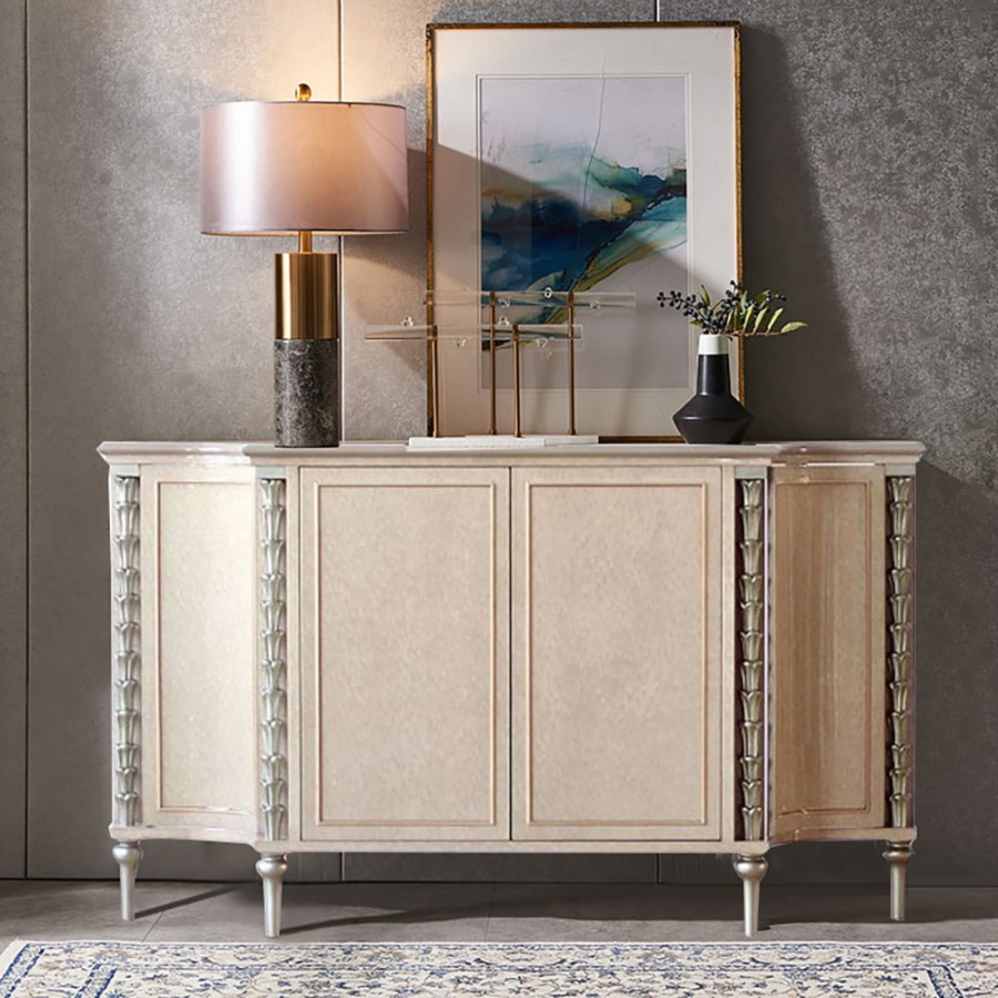 HMR - 68" Farmhouse Khaki Sideboard Carved Buffet Cabinet with Doors & Adjustable Shelves