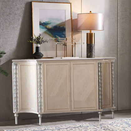 HMR - 68" Farmhouse Khaki Sideboard Carved Buffet Cabinet with Doors & Adjustable Shelves