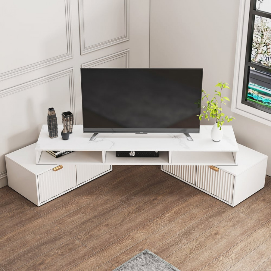HMR - 56.6 Inch TV Stand White Corner Media Console Fluted with 2 Drawers & 5 Shelves